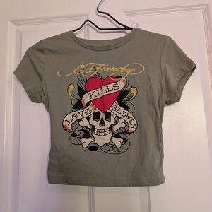 Ed Hardy Olive Love Kills Skull Tee